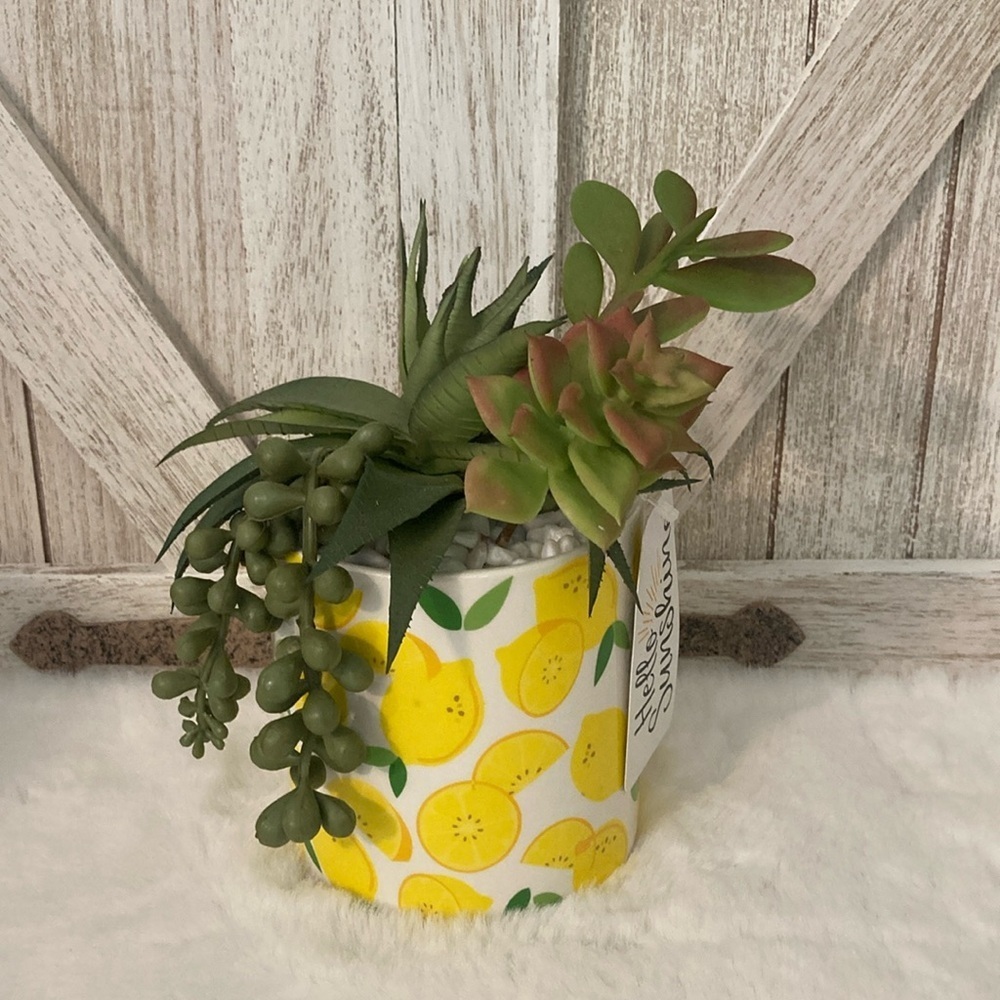 Ceramic Lemon Planter with Faux Succulents